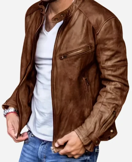 Jackie Earle Haley The Long Game 2025 Richard Metzger Brown Biker Jacket