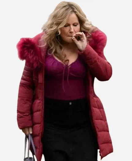 Jennifer Coolidge Movie Riff Raff 2025 Ruth Red Puffer Jacket with Fur Hood