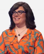 Jeopardy Masters S03 Victoria Groce Orange Chain Print Blouse