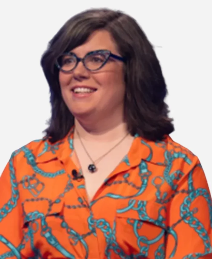 Jeopardy Masters S03 Victoria Groce Orange Chain Print Blouse