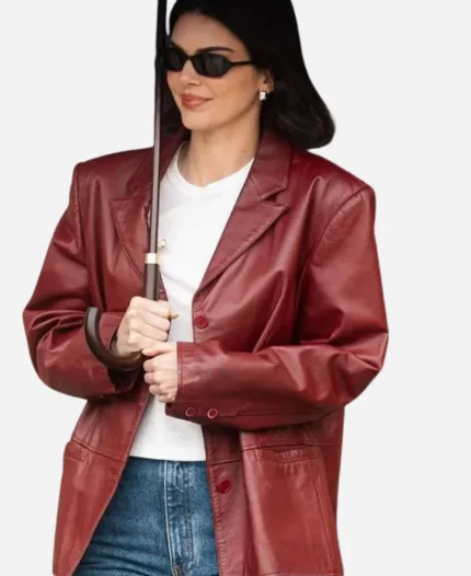 Kendal Jenner Paris 2025 Maroon Leather Blazer