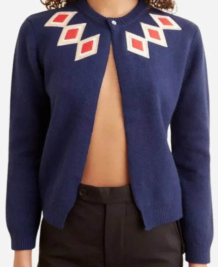 Lucy Movie Materialists 2025 Dakota Johnson Blue Argyle Cardigan