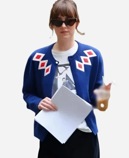 Materialists 2025 Dakota Johnson Blue Argyle Cardigan