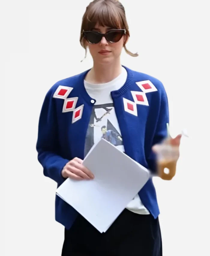 Materialists 2025 Dakota Johnson Blue Argyle Cardigan