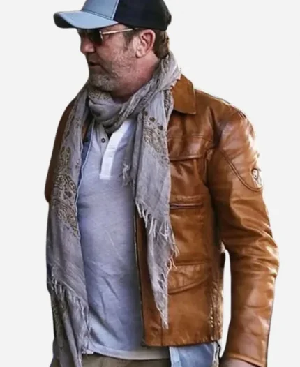 Movie In the Hand of Dante 2025 Gerard Butler Brown Leather Jacket