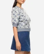 NBC News Daily 2025 Kate Snow Blue Floral Stripe Trim Knit Puff Sleeve Sweater Top