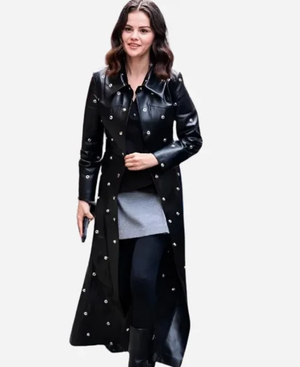 NY 2025 Selena Gomez Black Leather Coat
