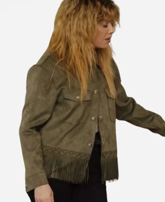 Natasha Lyonne Tv Series Poker Face 2023 Charlie Cale Green Fringe Suede Leather Jacket