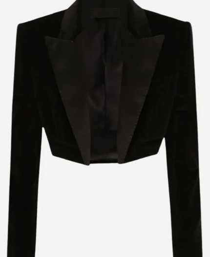 Netflix Tudum 2025 Sofia Carson Cropped Black Velvet Blazer
