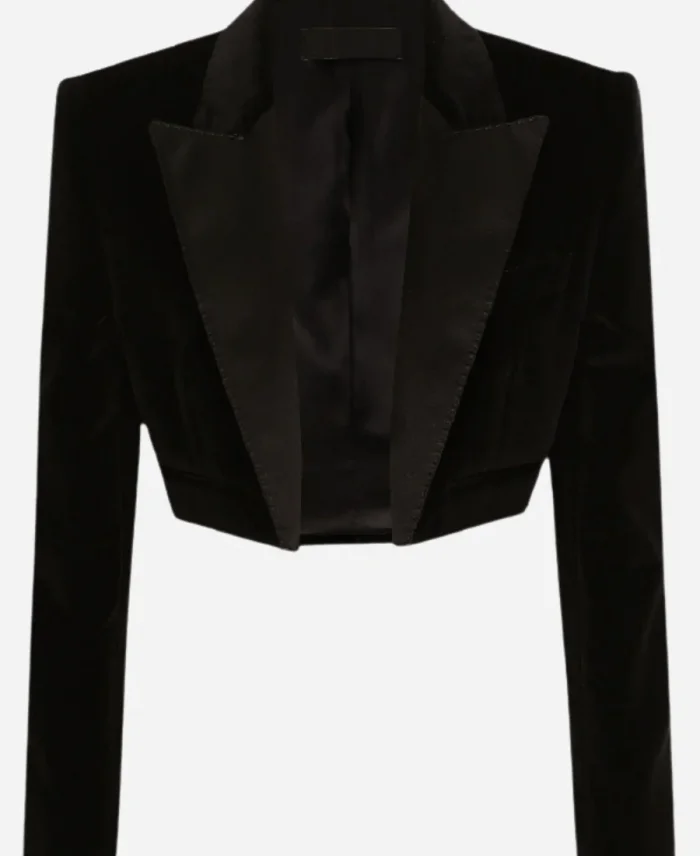 Netflix Tudum 2025 Sofia Carson Cropped Black Velvet Blazer