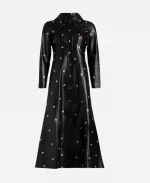 New York City 2025 Selena Gomez Silver Studs Black Leather Trench Coat