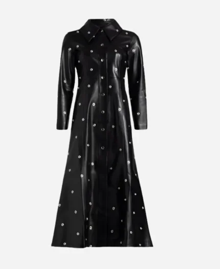 New York City 2025 Selena Gomez Silver Studs Black Leather Trench Coat