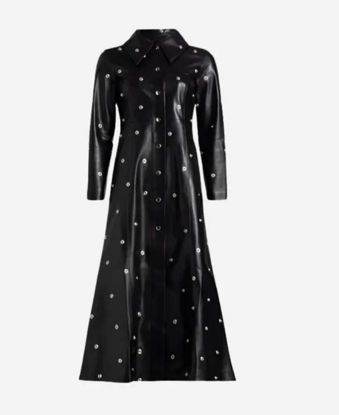 New York City 2025 Selena Gomez Silver Studs Black Leather Trench Coat