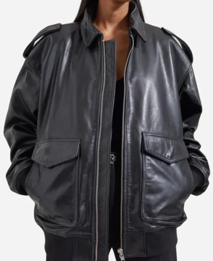 New York City 2025 Street Style Diane Kruger Black Bomber Leather Jacket