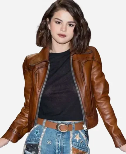New York Fashion Week Coach Runway Show Selena Gomez Brown Leather Jacket