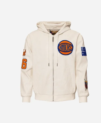 Jeff Hamilton NBA New York Knicks 1946 Lightweight Zip-Up Black And White Hooded Leather Jacket