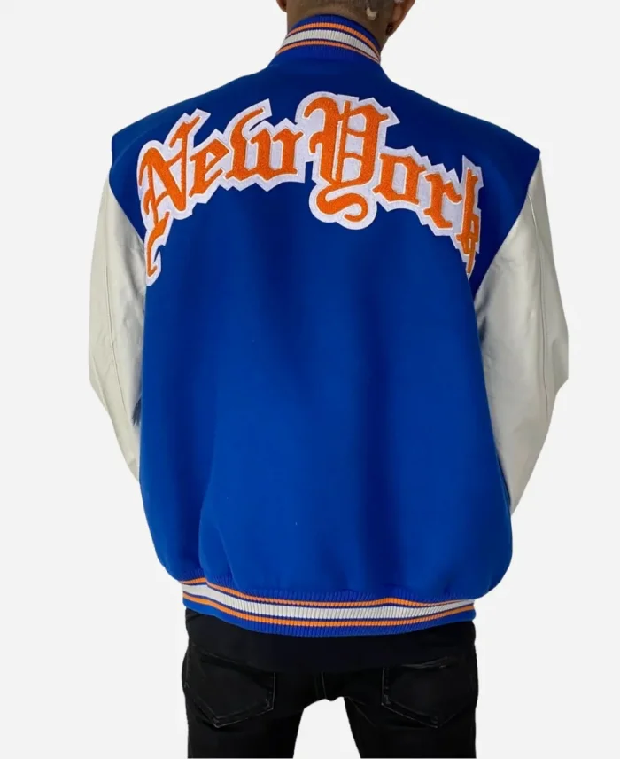 New York Knicks Wool & Leather Blue Varsity Jacket For Sale