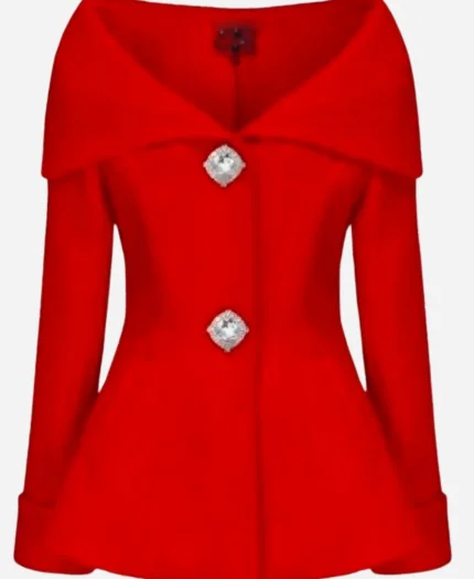 Next Gen NYC 2025 Emira D’Spain Red Off Shoulder Blazer Top For Sale