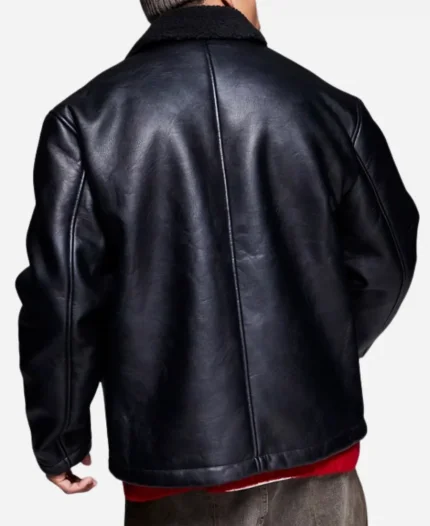 Oversized Borg Lined Black Leather Jacket For Mens