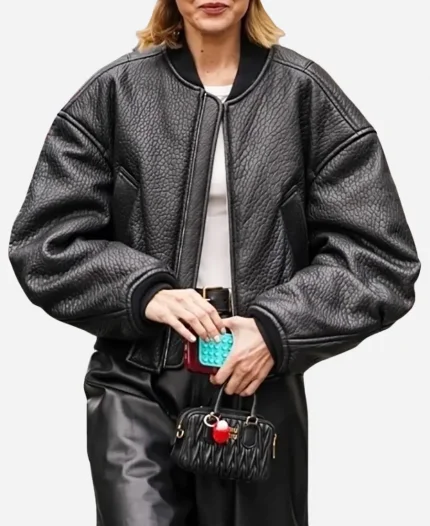 Paris Fashion Week 2025 Gigi Hadid Oversized Black Bomber Leather Jacket