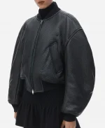 Paris Fashion Week 2025 Gigi Hadid Oversized Black Bomber Leather Jacket For Women
