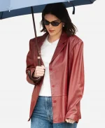 Paris Street Style 2025 Kendal Jenner Maroon Leather Blazer