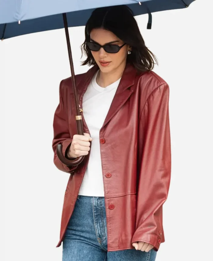 Paris Street Style 2025 Kendal Jenner Maroon Leather Blazer