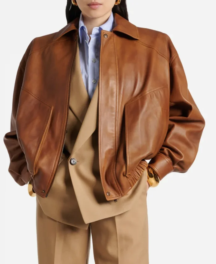 Paris Street Style 2025 Zoe Saldaña Brown Leather Jacket