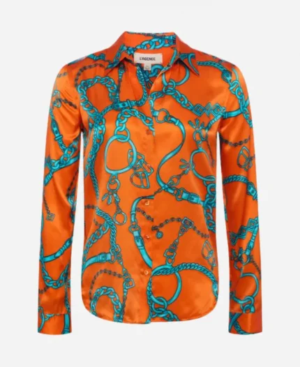 TV-Series Jeopardy Masters Season 03 Victoria Groce Orange Chain Print Blouse For Sale