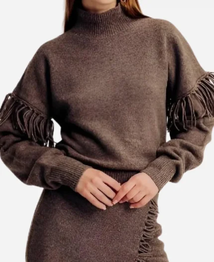 Top Chef S22 Gail Simmons Brown Fringe Sleeve Sweater