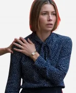 The Better Sister Jessica Biel Polka Dot Tie Bow Blouse