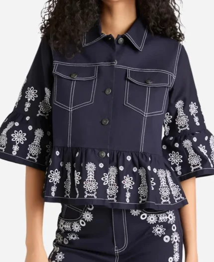 The View 2025 Joy Behar Floral Blue Embroidered Eyelet Denim Jacket For Women's