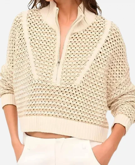 The View 2025 Sara Haines Ivory Stripe Cropped Zip-Up Sweater