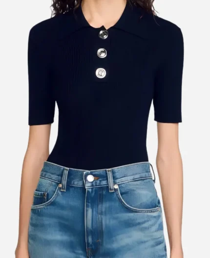 The View Debbie Matenopoulos Navy Blue Knit Polo Shirt For Sale