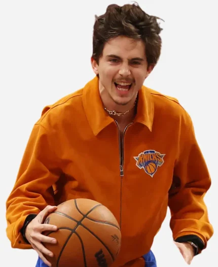Timothee Chalamet Knicks Game Six Orange Bomber Jacket