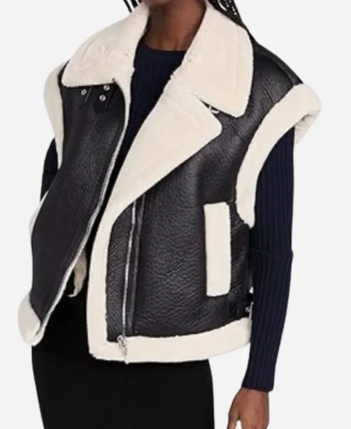 Top Chef S22 Gail Simmons Sherpa Trim Leather Black Vest