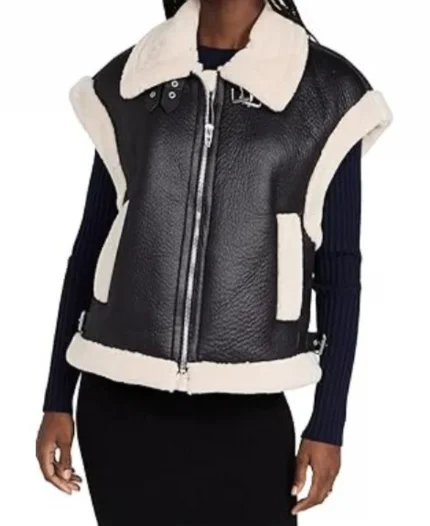 Top Chef Seson 22 Gail Simmons Sherpa Trim Black Leather Vest