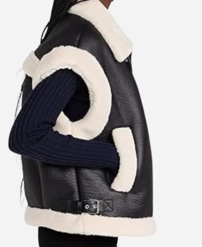 Top Chef Seson 22 Gail Simmons Sherpa Trim Black Leather Vest For Sale