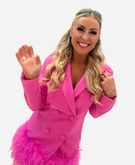 WWE NXT 2025 Sarah Schreiber Feathers Trim Blazer Dress