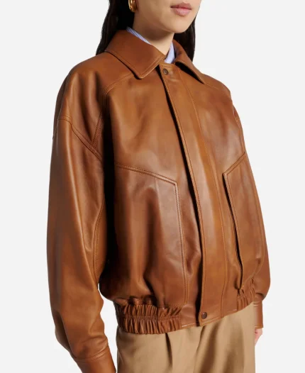 Zoe Saldaña Brown Leather Jacket