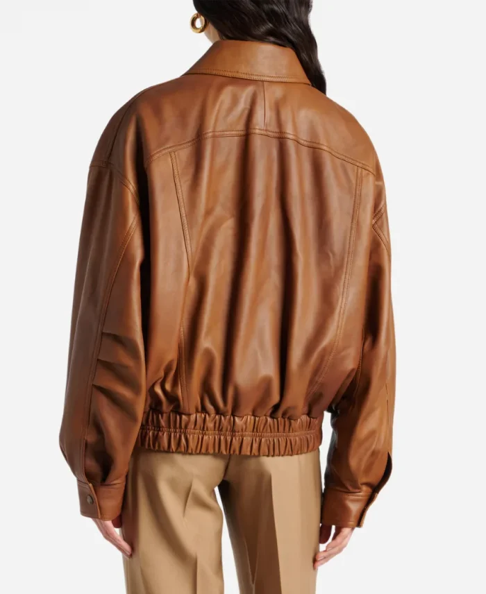 Zoe Saldaña Paris Street Style 2025 Brown Leather Jacket