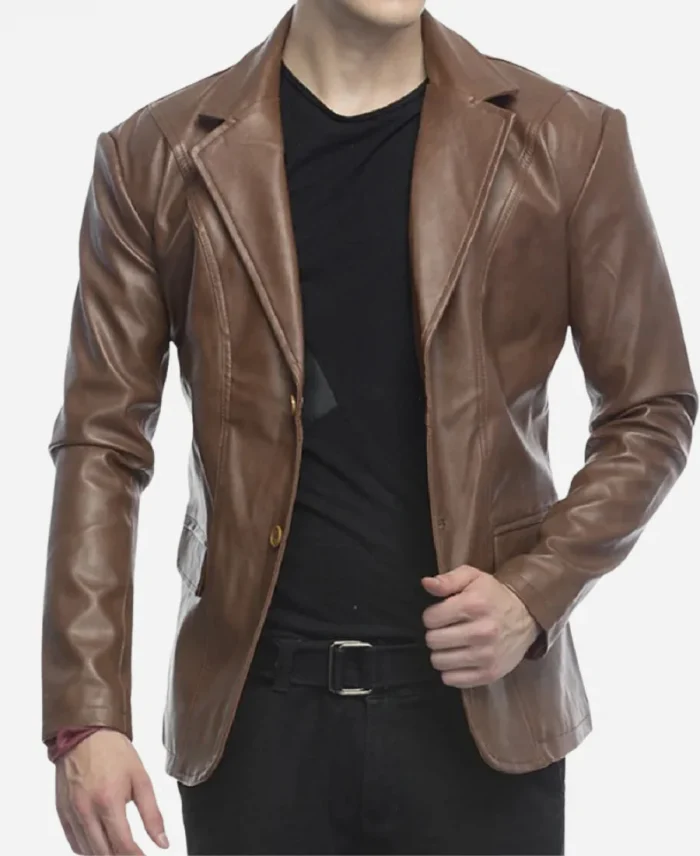 2 Button Lambskin Men Brown Leather Blazer