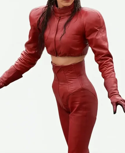 American Model Bella Hadid The Beauty 2025 Red Leather Moto Jacket