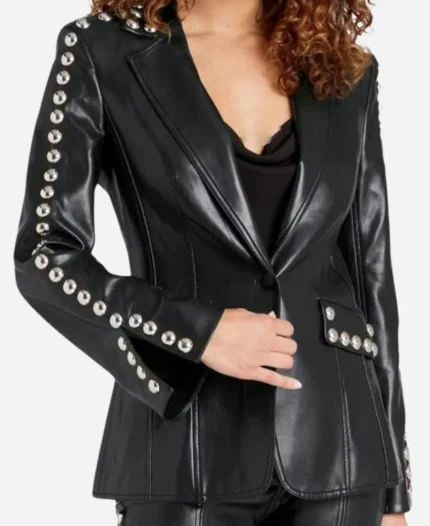 Americas Sweethearts Dallas Cowboys Cheerleaders Season 02 Judy Trammel Black Leather Stud Sleeve Blazer