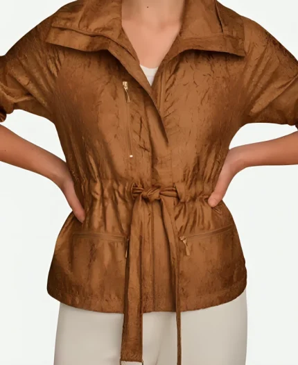 And Just Like That Season 03 Patti LuPone Brown Textured Belted Wrap Jacket
