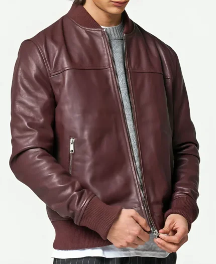 Barneys Burgundy Leather Bomber Jacket