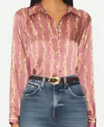 Danielle Campbell TV Series The Waterfront 2025 Peyton Buckley Chain Silk Long Sleeve Pink Blouse