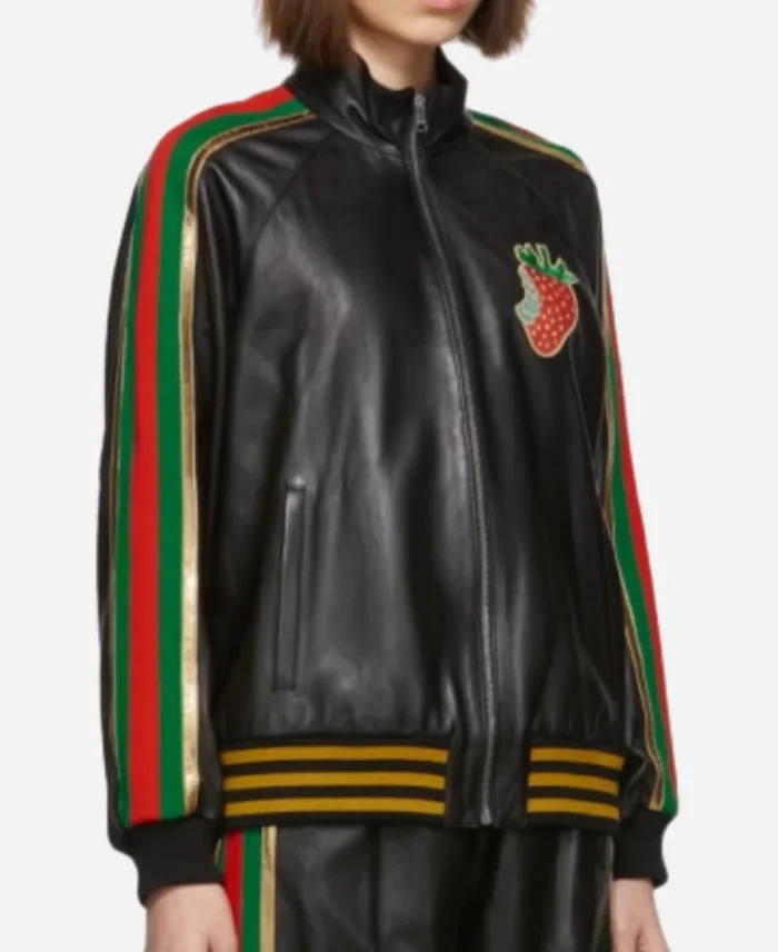 GUCCI Strawberry Patch Track Black Leather Bomber Jacket
