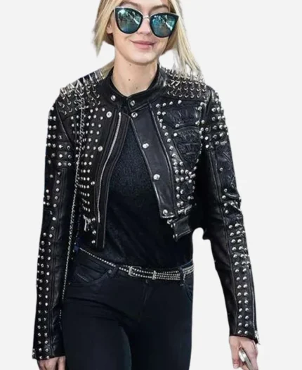 Gigi Hadid Black Studded Leather Jacket For Women