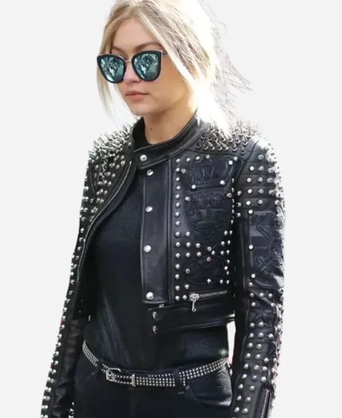 Gigi Hadid Street Style Studded Black Cropped Leather Jacket